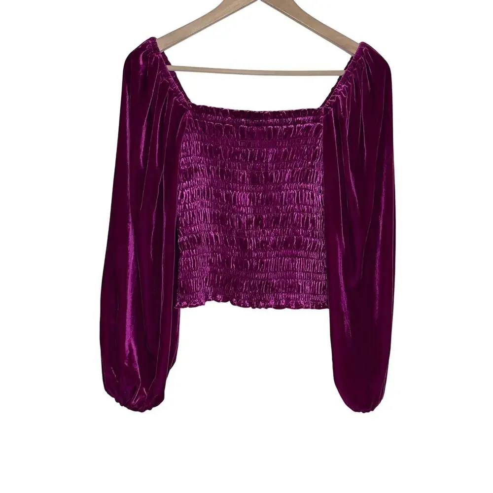 Anthropologie Velvet Smocked Puff Sleeve Crop Top XS